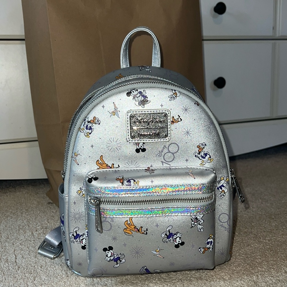 2023 Disney 100th Anniversary Silver Mickey & Friends Loungefly Backpack NWT